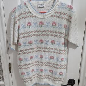 Vintage Floral Bow Rose Polka Dot Short Sleeved Sweater Grannycore Cottagecore​